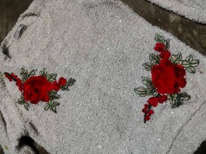 Cozy White Sweater with Red Floral Embroidery