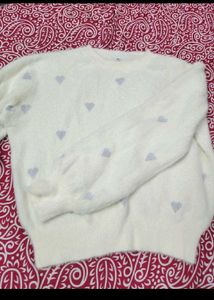 Cream Heart Pattern Fuzzy Sweater