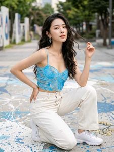 Blue Floral Lace Crop Top