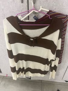 Striped Lace-Up Knit Sweater