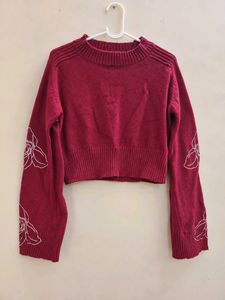 Maroon Floral Embroidered Cropped Knit Sweater