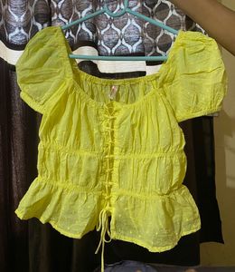 Bright Yellow Puff Sleeve Lace-Up Top