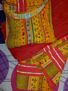 Rayon Kurta Plazo With Dupatta,Red And Yellow Mustard Mix Colour It's A Beautiful Design With Plazo .lace And Mirror Work In Kurta