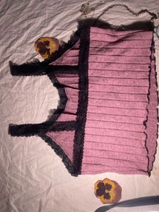 Pink Ribbed Lace Trim Cami Top