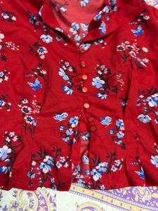 Red Floral Button-Up Blouse