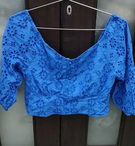 Blue Broderie Anglaise Crop Top