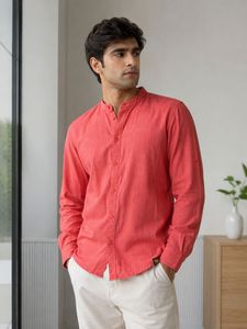 Men's Red Mandarin Collar Casual Shirt