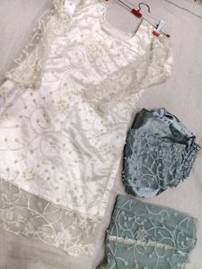 Elegant White Kurta Set with Blue Pants