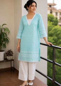 Elegant Teal Kurta with White Lace