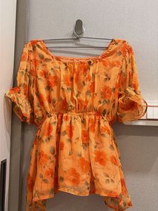 Orange Floral Puff Sleeve Top