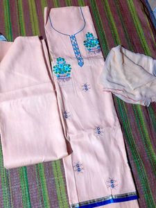 Peach Kurta Set with Blue Embroidery