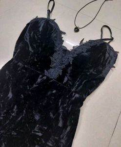Black Velvet Lace Trim Mini Dress
