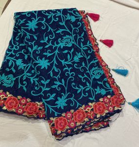 Navy Blue Embroidered Saree with Blouse