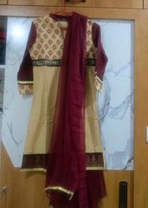 Beige and Maroon Kurta churidar with Dupatta