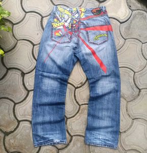 Stylish Blue Denim Jeans with Yellow Accents