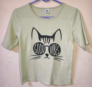 Ribbed Cute Cat "Good Vibes" T-Shirt