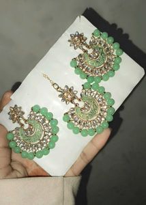 Mint Green Earring &amp; Maang Tikka Set