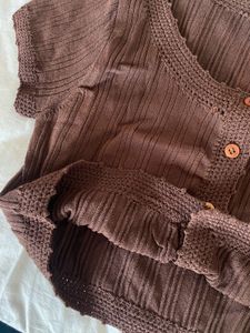 Brown Ribbed Cropped Cardigan Top