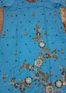 Blue Crepe Suit With Heavy Stone Work