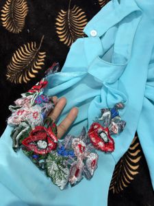 Blue Embellished Cold Shoulder Top