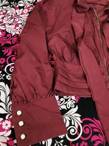 Maroon Crop Jacket with Pleated Details