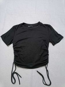 ZARA Ruched Drawstring Black Tee