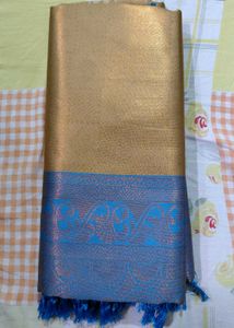 Golden Saree with Blue Border Metallic Gold