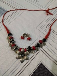Boho Red Black Floral Necklace & Earrings Set