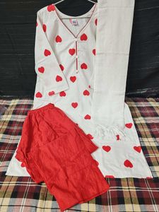 White Kurta Set with Red Hearts
