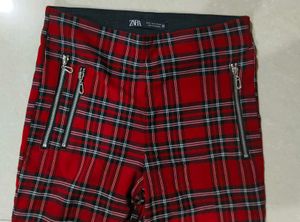 Red Plaid Zipper jeggings