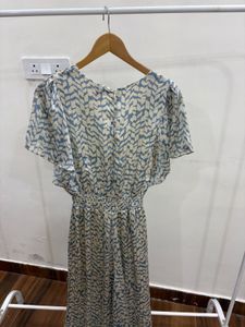Abstract Silver Print Flutter Sleeve Midi Dress