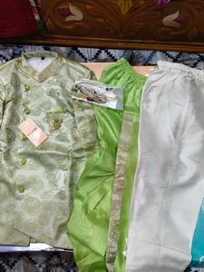 Boys Kurta Dhoti Set with Mala | Mint Green &amp;White
