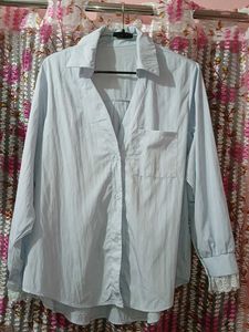 Light Blue  Button-Up Shirt with Lace Cuff