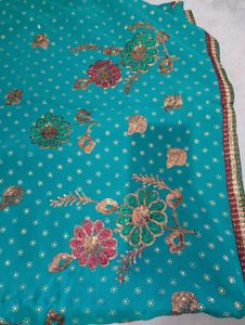 Beautiful Teal Saree with Floral Embroidery