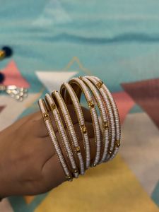Elegant White &amp; Gold Beaded Bangles ✨