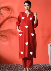 Red Heart Embroidered Cotton Kurta  Set
