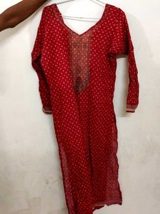 Red Printed Kurta with Embellished Neckline