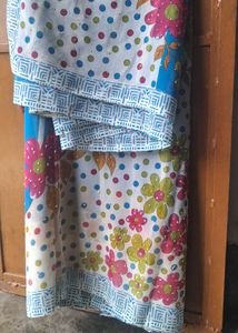 Blue Striped Saree with Floral Print