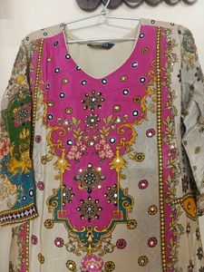 Beige And Pink Floral Printed Synthetic Suit Set