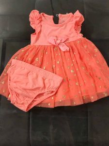 Girls Coral Gold Heart Tulle Dress & Bloomer Set