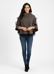 Chic Poncho with Faux Fur Poms