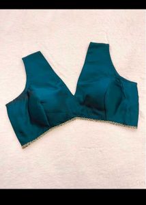 Elegant Teal V-Neck Blouse with Gold Trim