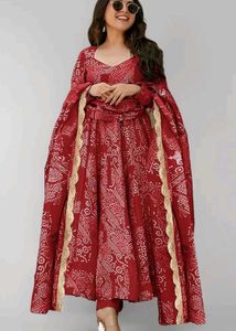 New Stunning Red Bandhani Print Anarkali Suit set