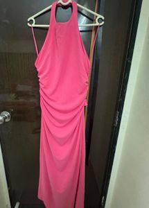 Hot Pink Halter Neck Ruched  and backless Dress