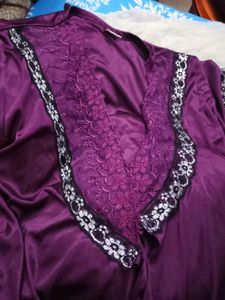 Purple Satin Nightgown with Lace Trim