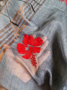 Elegant grey Saree with Red Floral Embroidery