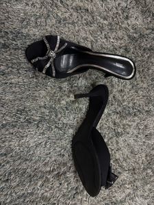 ZARA  Black Satin Rhinestone Bow Mules
