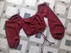 Maroon Ruched Balloon Sleeve Crop Top