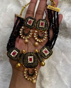 Unused set of 4 Elegant Black Beaded Kundan Neckla