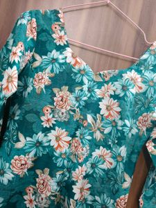 Teal Green Floral Cotton 2PC Kurti Pant Set | Bran